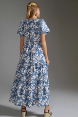Stylish White Blue Poly Rayon V-Neck Dress With Floral Print & Puff Sleeves
