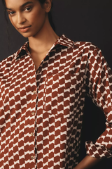 Elegant Wine Poly Rayon Collared Dress With Geometric & Cuff Sleeve
