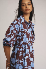 Ravising Coffee Brown Poly Rayon Collared Dress With Floral Print & Puff Sleeves