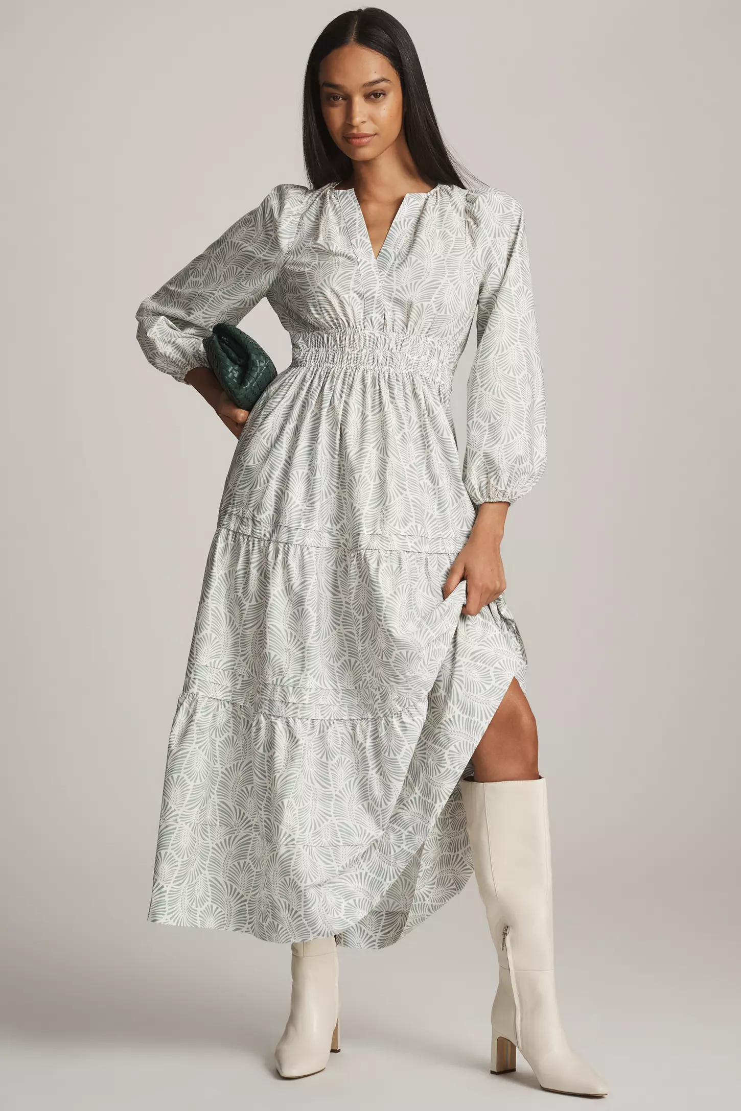 Chic White Poly Rayon Leaf Print Dress
