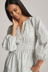 Elegant White Poly Rayon Round Neck Dress With Leaf Print & Puff Sleeves
