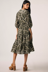 Elegant Grey Poly Rayon Round Neck Dress With Asymmeric Print & Balloon Sleeve