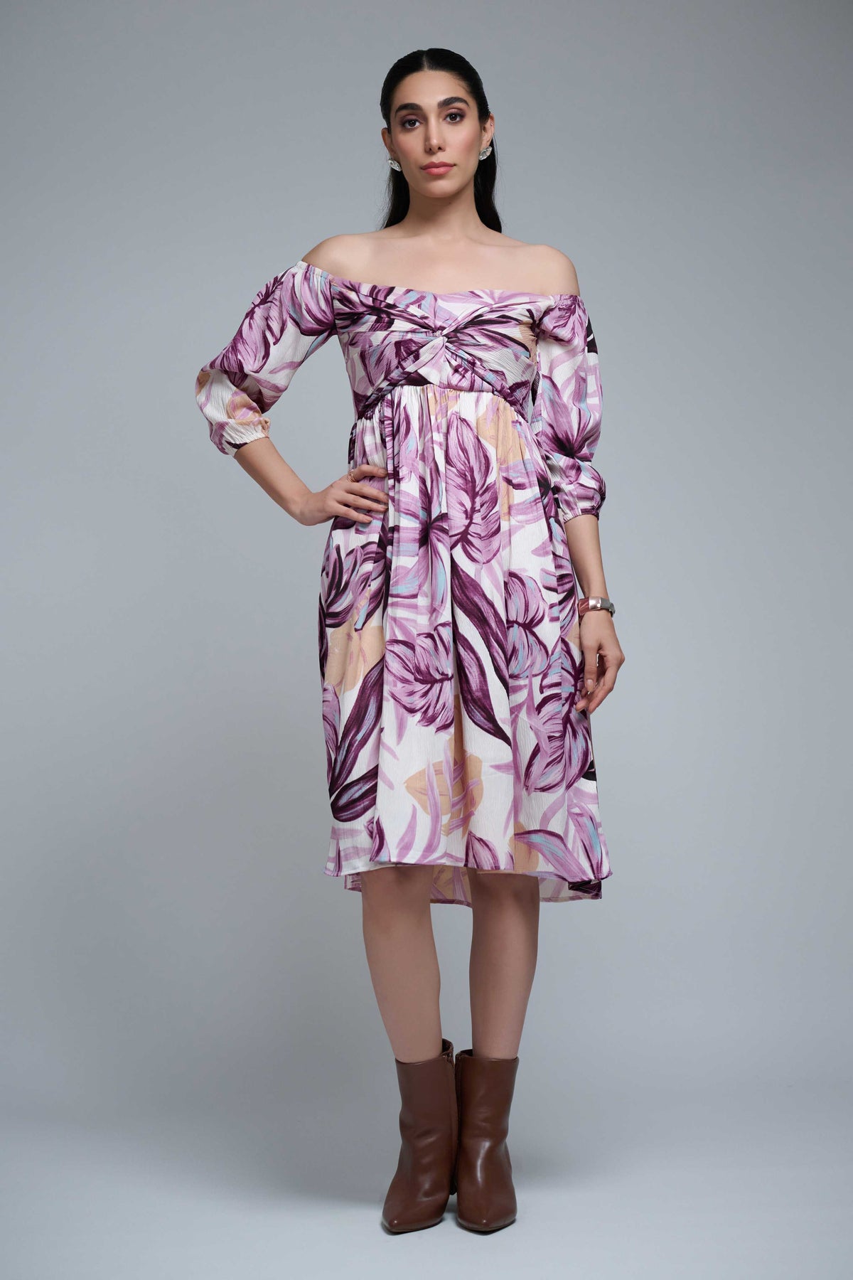 Purple Polyester Elbow Straight Sleeves  Floral Print Dress