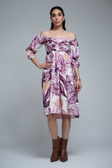 Purple Polyester Elbow Straight Sleeves  Floral Print Dress