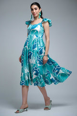 turquoise  Polyester Ruffle Sleeve Leaf Print Dress
