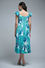 turquoise  Polyester Ruffle Sleeve Leaf Print Dress