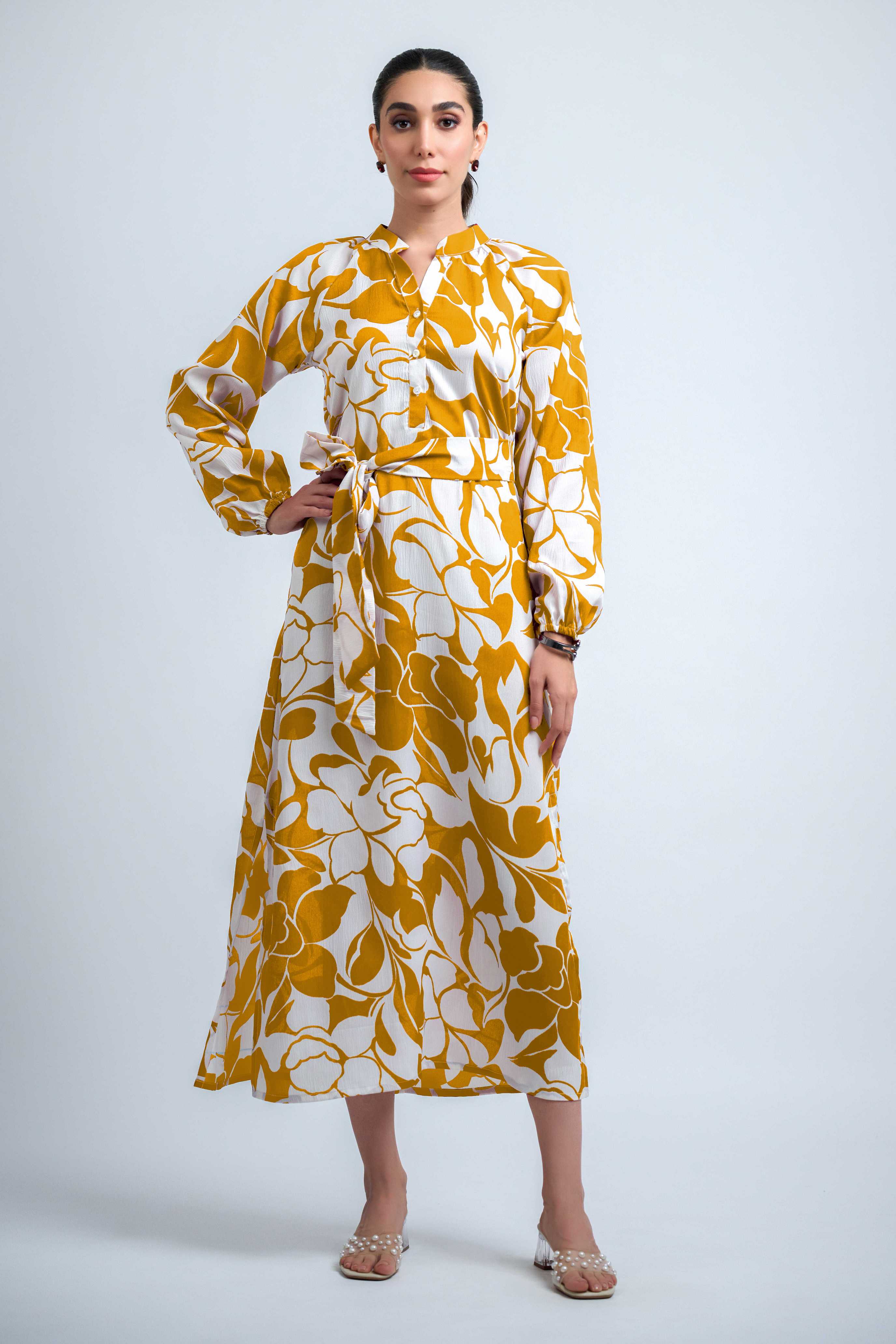 Mustard Poly Crepe Elastic Gathered Floral Print Dress