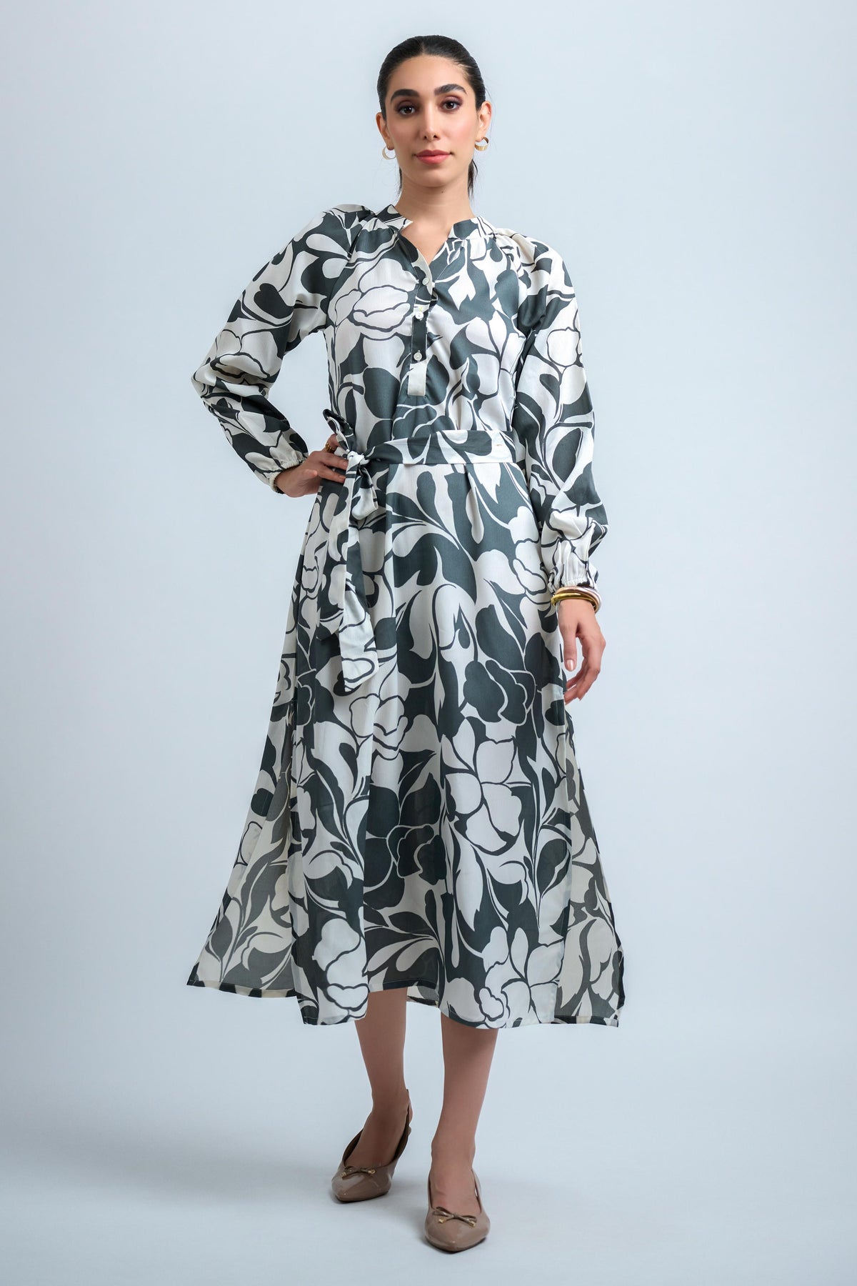 Grey Poly Crepe Floral Print Elastic Gathered Dress