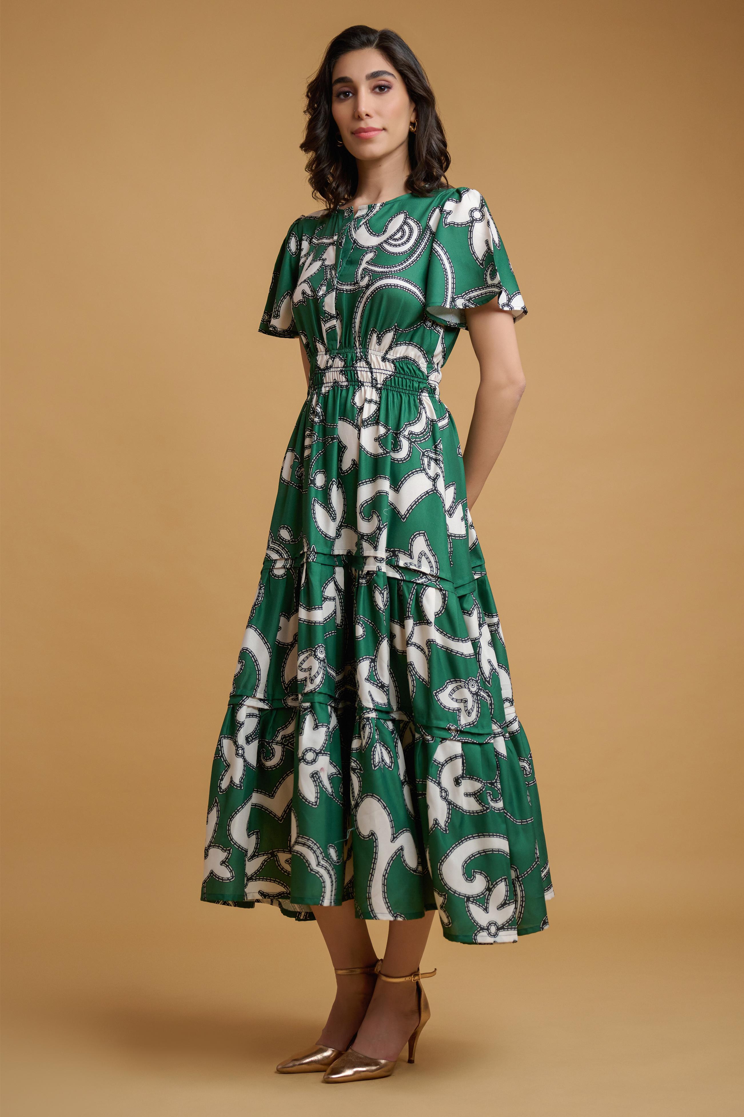 Green Poly Rayon Leaf Print Regular Sleeve Dress