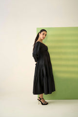 Black Poly Cotton Bishop Sleeves  Dress