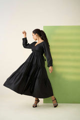 Black Poly Cotton Bishop Sleeves  Dress