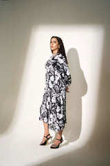 Black-White Poly Satin Gathered cuff Floral Print Dress