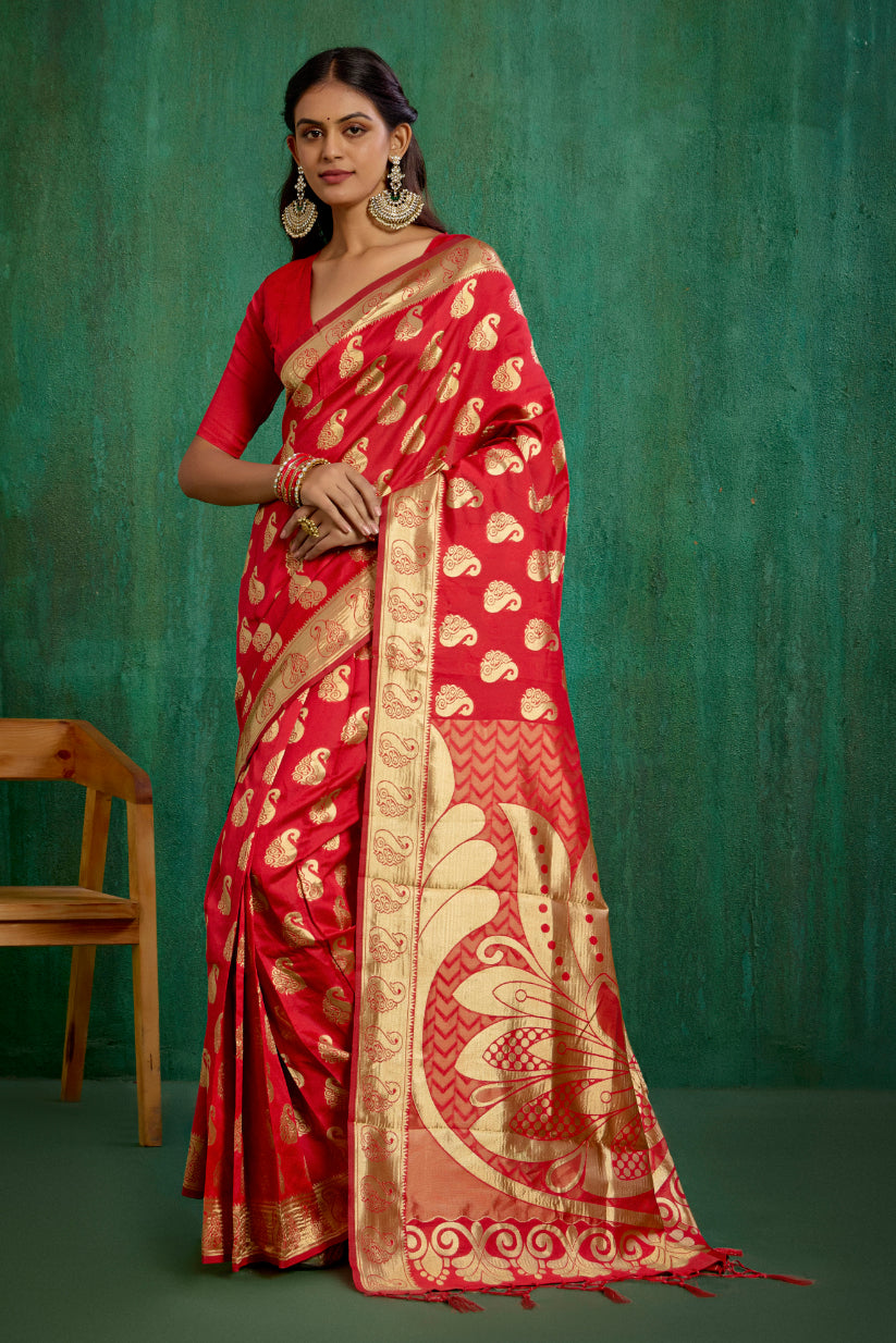 Shop Elegant Red Banarasi Art Silk Woven Ready to Wear Saree Online - Best Prices