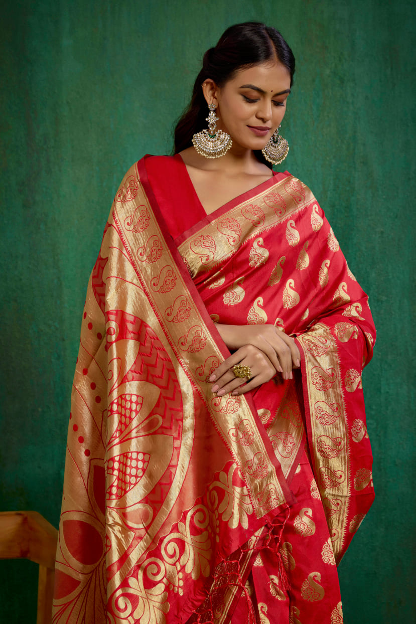 Shop Elegant Red Banarasi Art Silk Woven Ready to Wear Saree Online - Best Prices