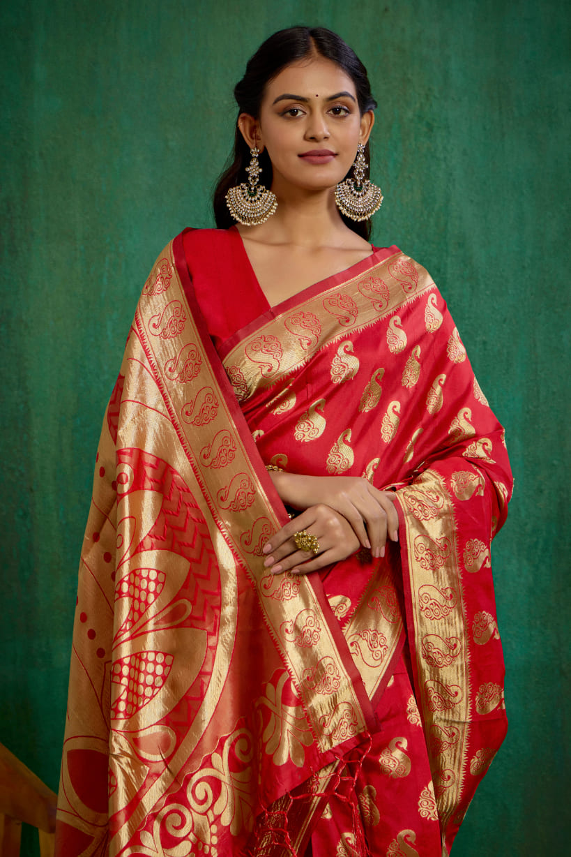 Shop Elegant Red Banarasi Art Silk Woven Ready to Wear Saree Online - Best Prices