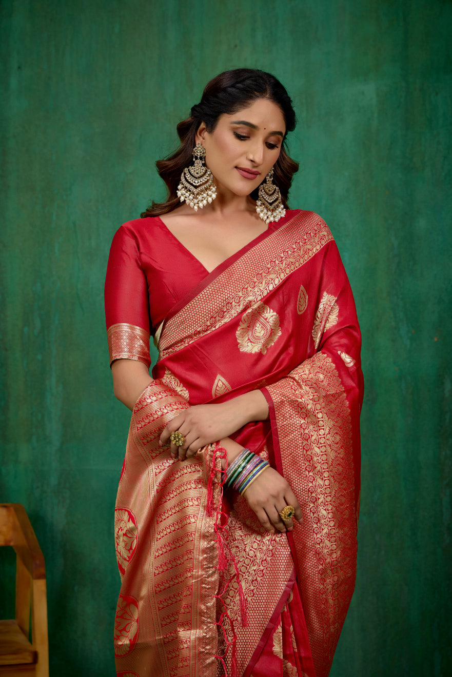 Shop Elegant Red Banarasi Art Silk Woven Ready to Wear Saree Online - Best Prices