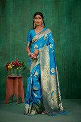 Shop Elegant Teal Banarasi Art Silk Woven Ready to Wear Saree Online - Best Prices