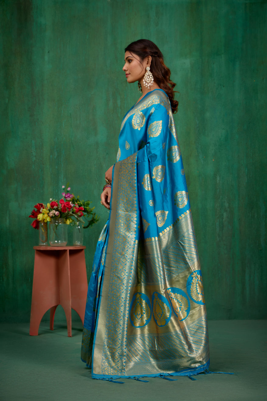 Shop Elegant Teal Banarasi Art Silk Woven Ready to Wear Saree Online - Best Prices