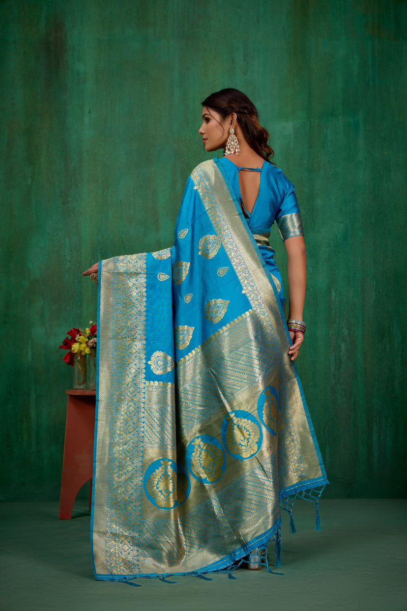 Shop Elegant Teal Banarasi Art Silk Woven Ready to Wear Saree Online - Best Prices