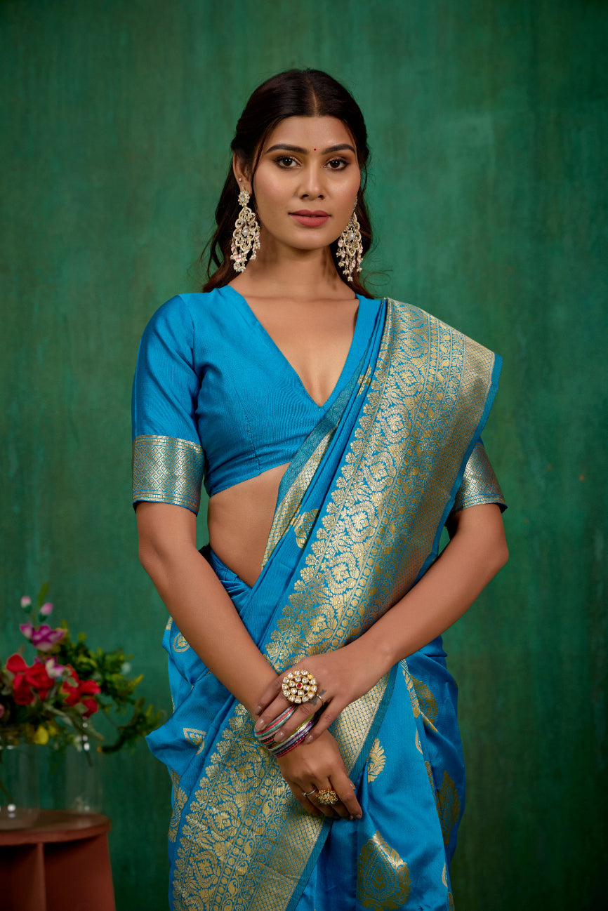 Shop Elegant Teal Banarasi Art Silk Woven Ready to Wear Saree Online - Best Prices