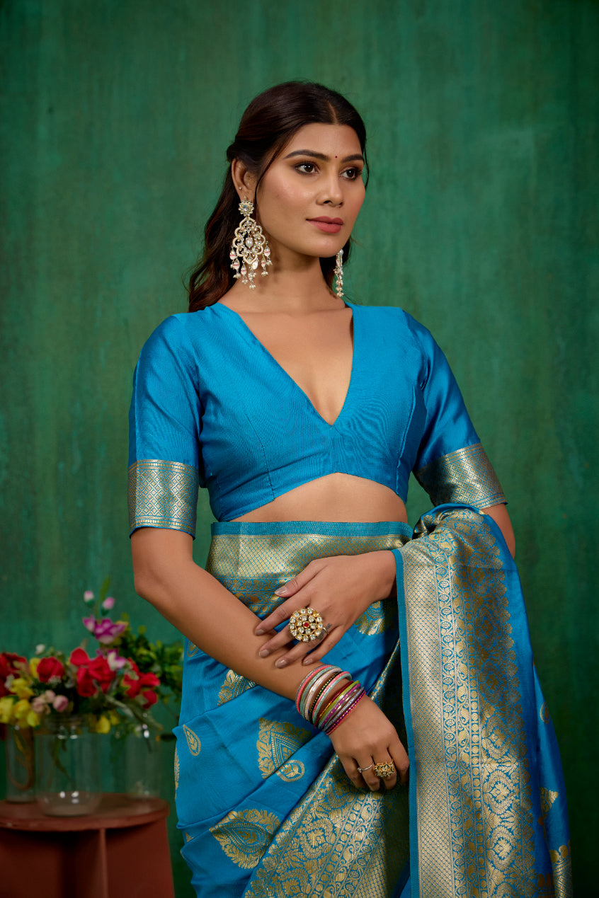 Shop Elegant Teal Banarasi Art Silk Woven Ready to Wear Saree Online - Best Prices