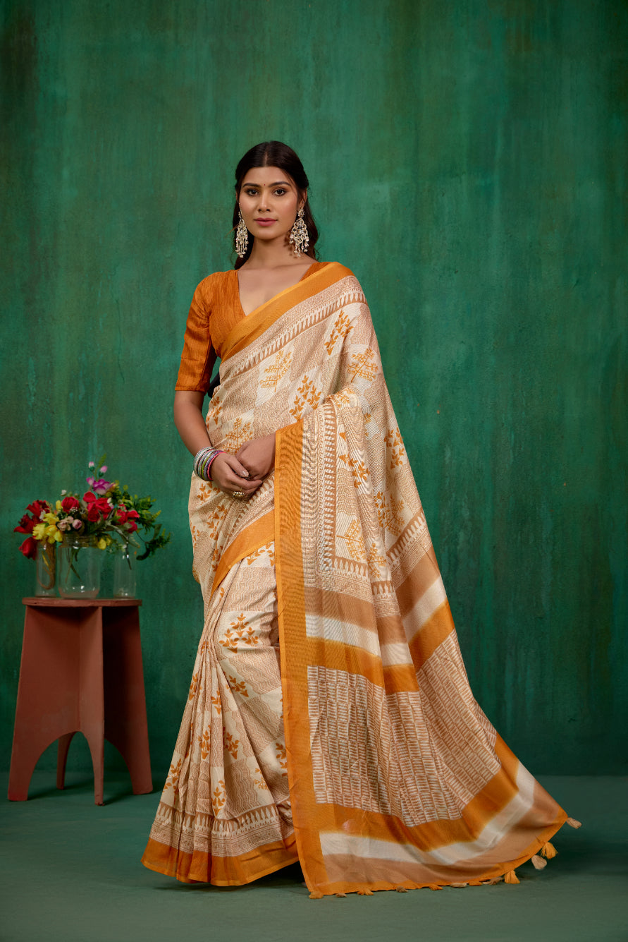 Shop Stylish Cream Linen Printed Ready to Wear Sarees Online - Affordable Prices