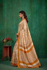 Shop Stylish Cream Linen Printed Ready to Wear Sarees Online - Affordable Prices