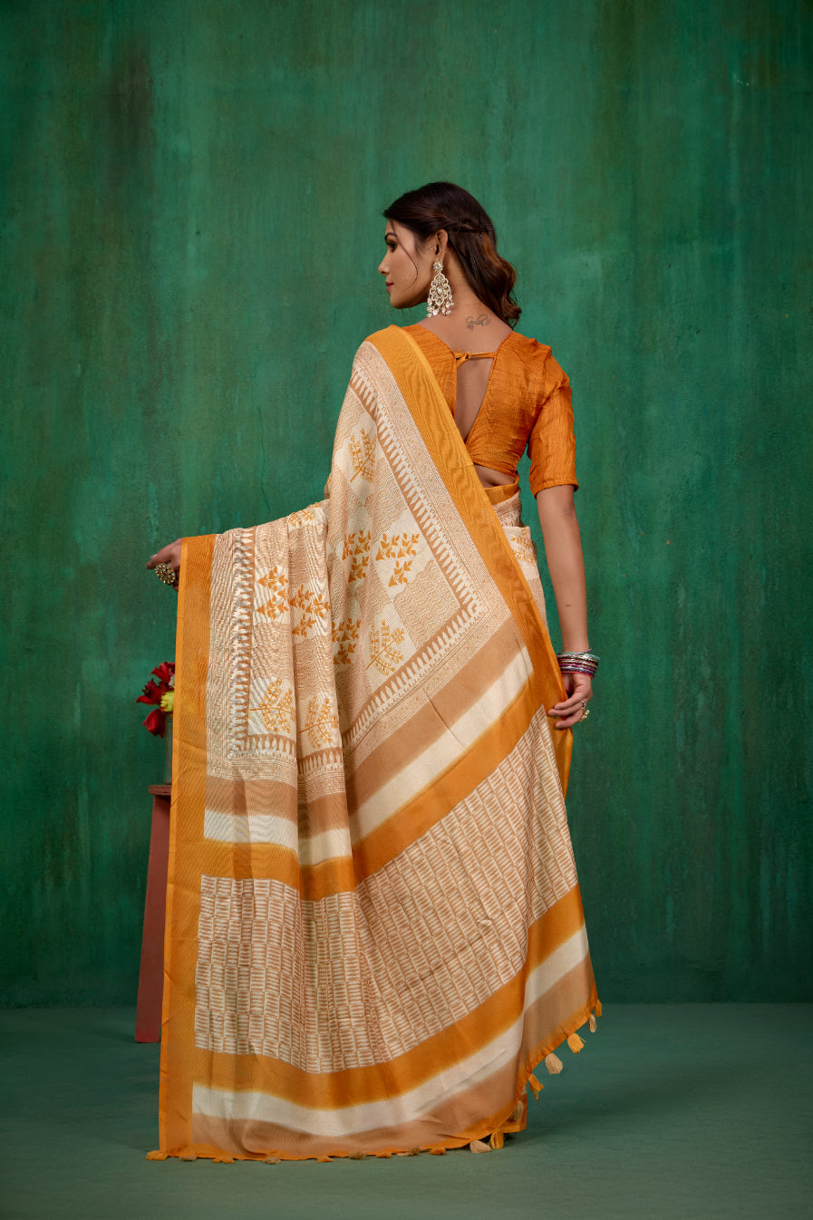 Shop Stylish Cream Linen Printed Ready to Wear Sarees Online - Affordable Prices