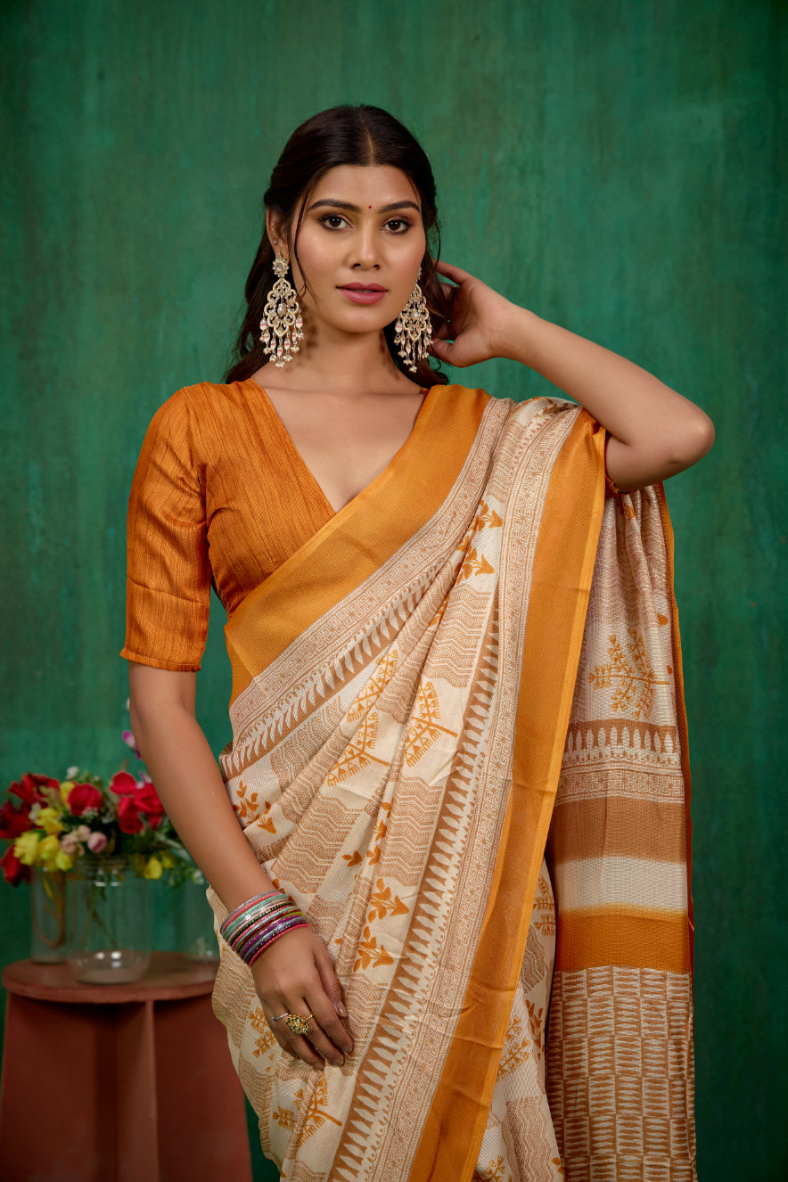 Shop Stylish Cream Linen Printed Ready to Wear Sarees Online - Affordable Prices