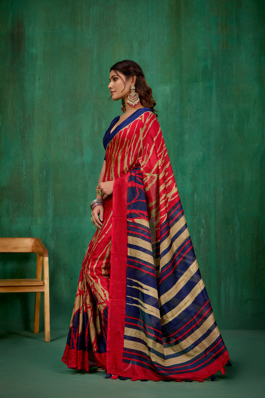 Shop Stylish Red Linen Printed Ready to Wear Sarees Online - Affordable Prices