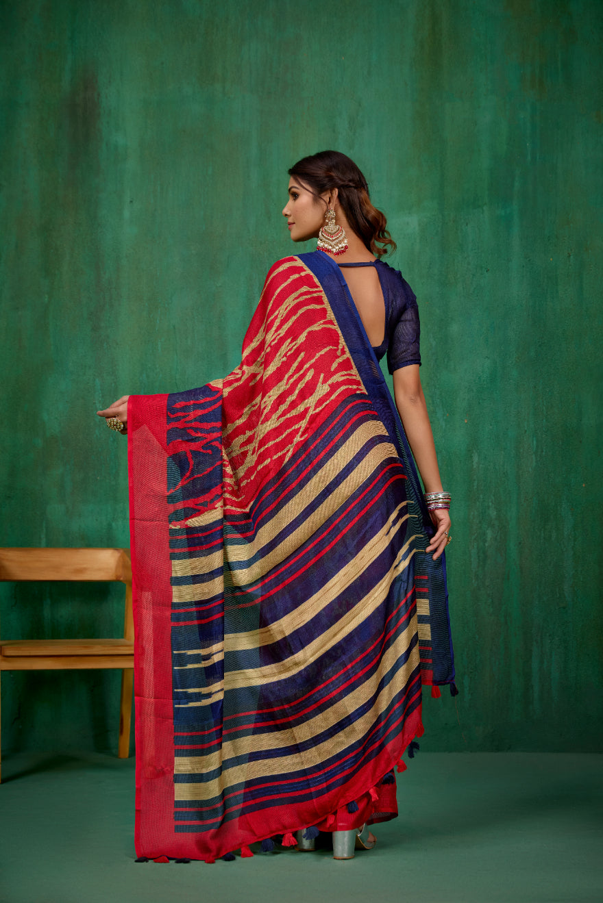 Shop Stylish Red Linen Printed Ready to Wear Sarees Online - Affordable Prices