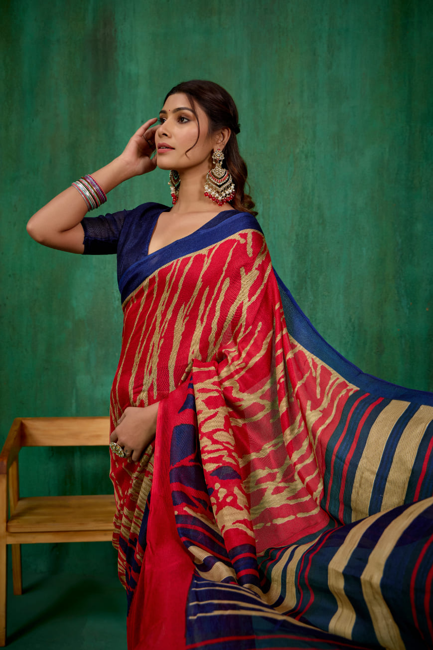 Shop Stylish Red Linen Printed Ready to Wear Sarees Online - Affordable Prices