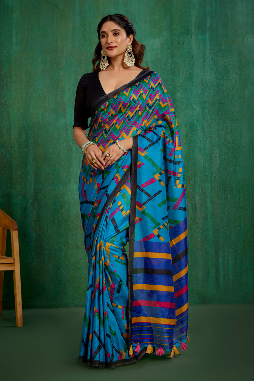 Shop Teal Stylish Linen Printed Ready to Wear Sarees Online - Affordable Prices