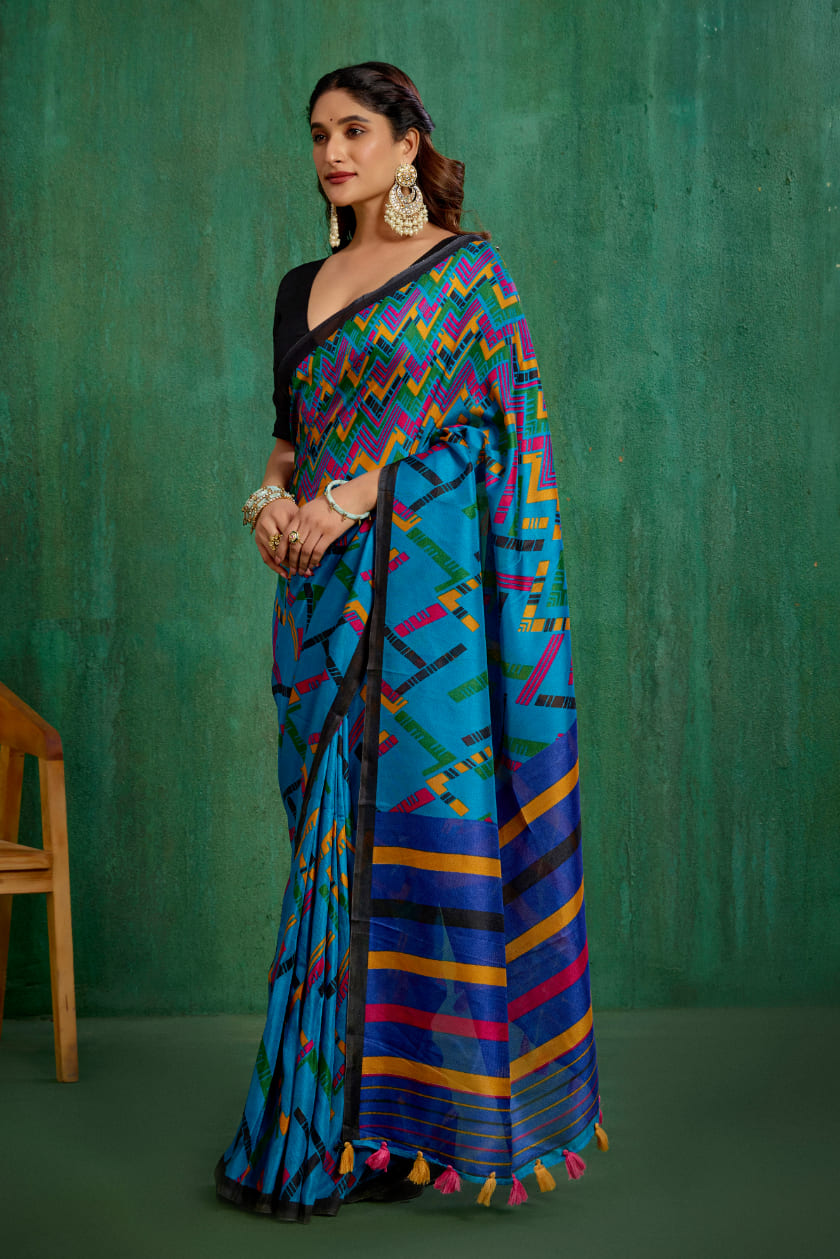 Shop Teal Stylish Linen Printed Ready to Wear Sarees Online - Affordable Prices