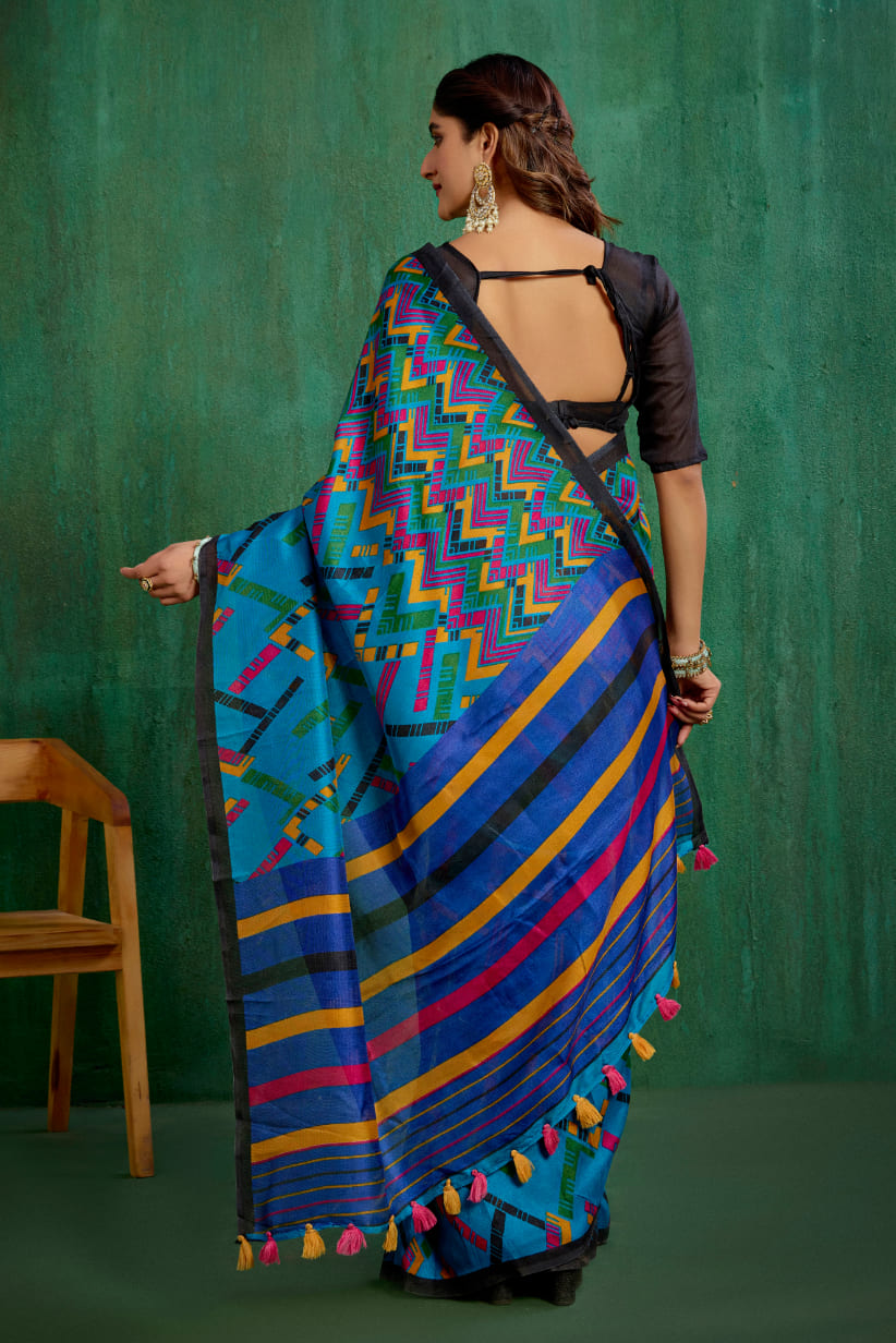 Shop Teal Stylish Linen Printed Ready to Wear Sarees Online - Affordable Prices