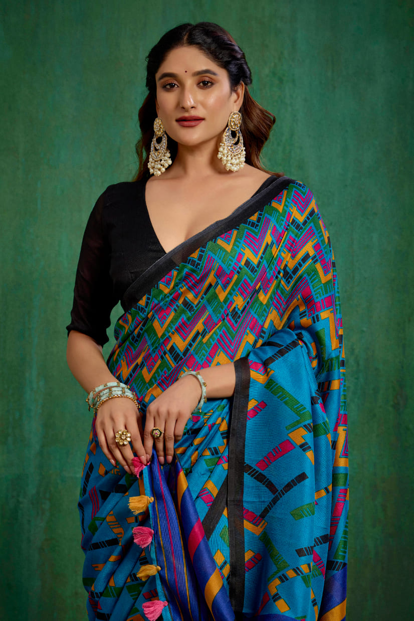 Shop Teal Stylish Linen Printed Ready to Wear Sarees Online - Affordable Prices