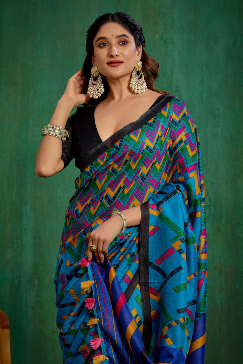 Shop Teal Stylish Linen Printed Ready to Wear Sarees Online - Affordable Prices