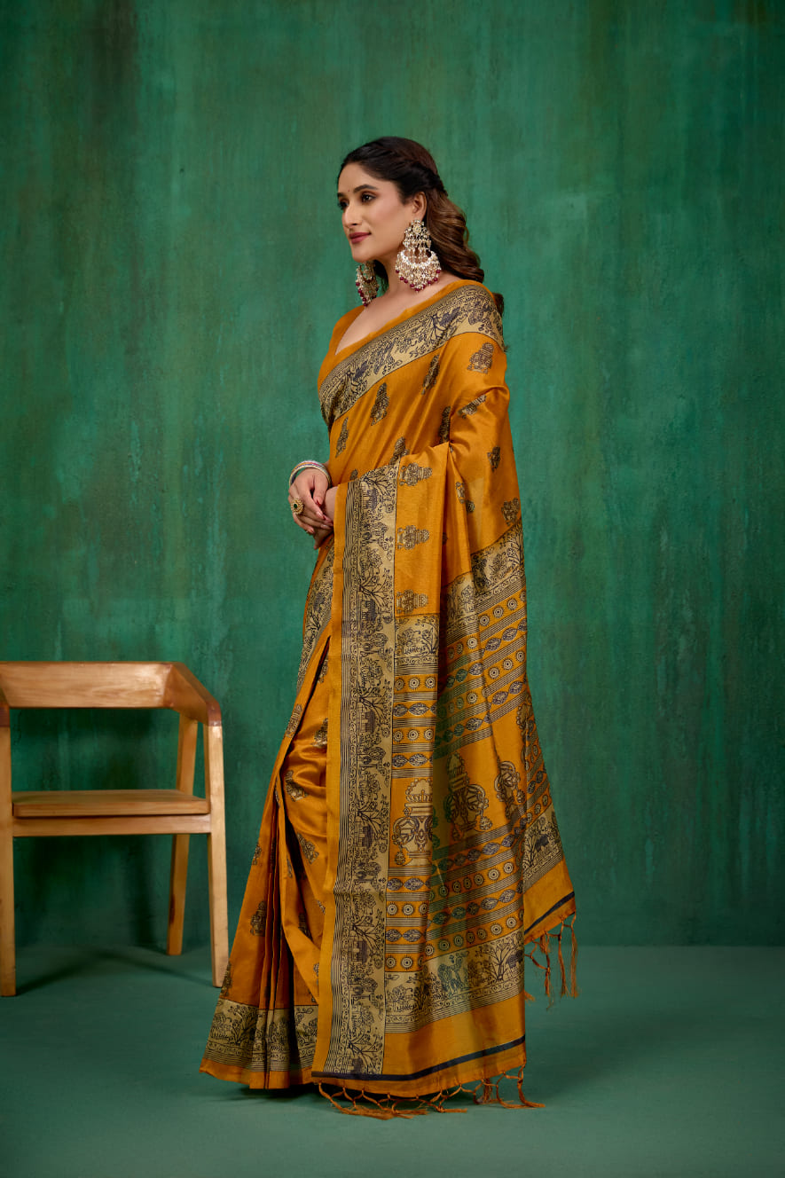 Shop Elegant Mustard Mysore Art Silk Printed Ready to Wear Saree Online - Best Prices