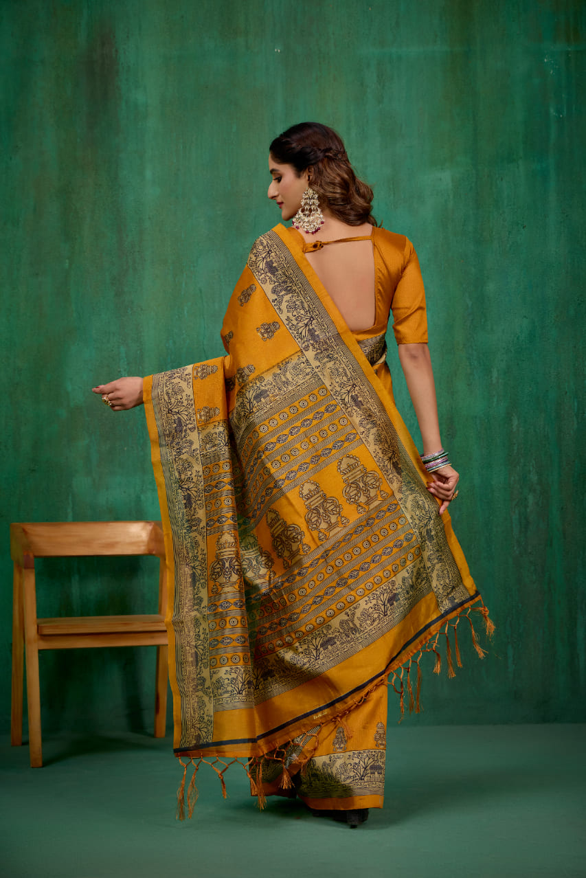 Shop Elegant Mustard Mysore Art Silk Printed Ready to Wear Saree Online - Best Prices