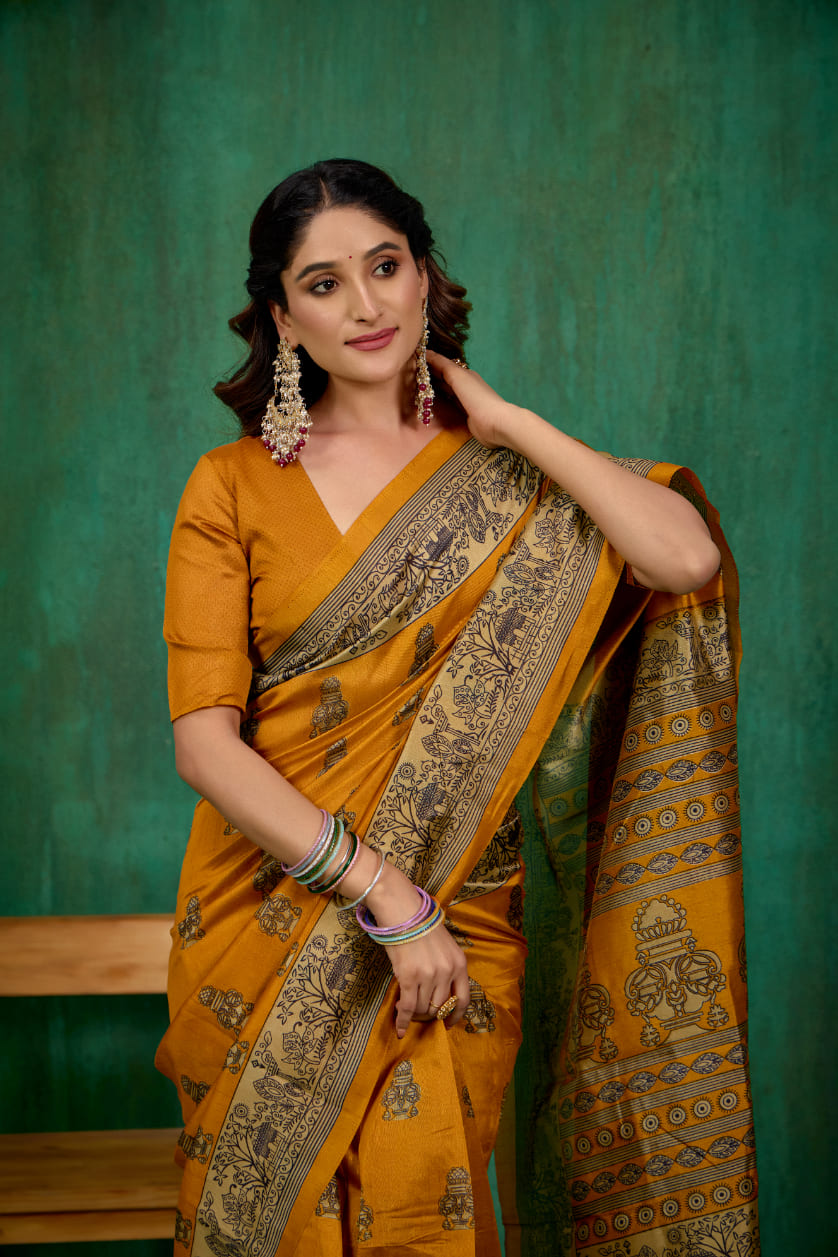 Shop Elegant Mustard Mysore Art Silk Printed Ready to Wear Saree Online - Best Prices