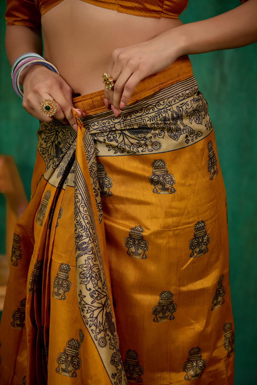 Shop Elegant Mustard Mysore Art Silk Printed Ready to Wear Saree Online - Best Prices