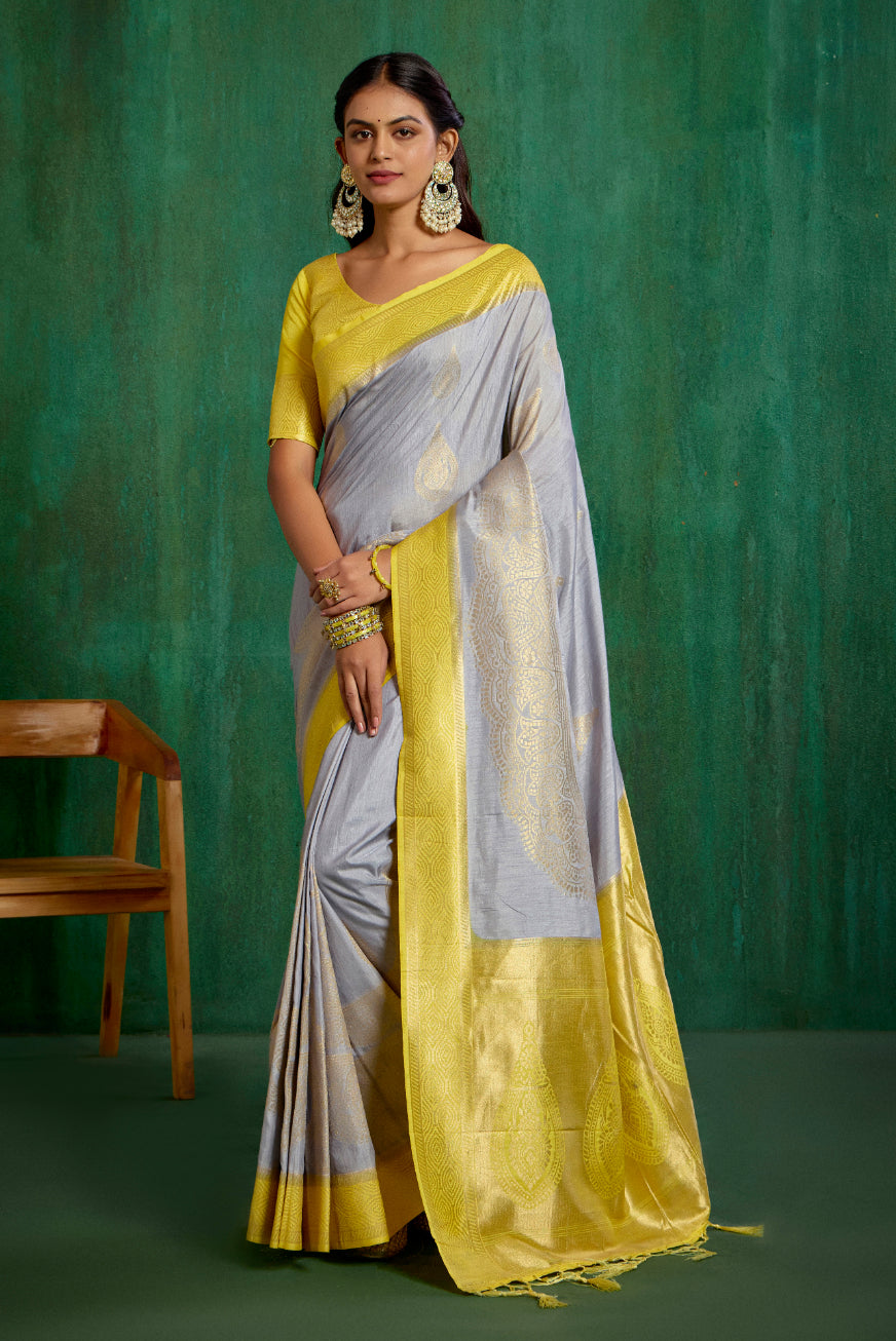 Shop Elegant Grey Banarasi Art Silk Woven Ready to Wear Saree Online - Best Prices