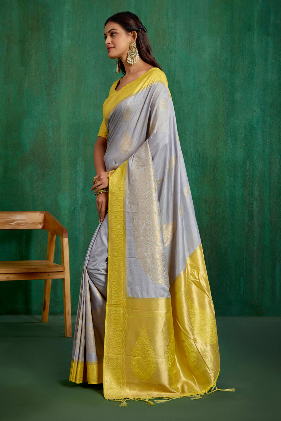 Shop Elegant Grey Banarasi Art Silk Woven Ready to Wear Saree Online - Best Prices