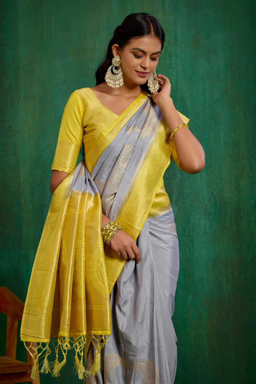 Shop Elegant Grey Banarasi Art Silk Woven Ready to Wear Saree Online - Best Prices