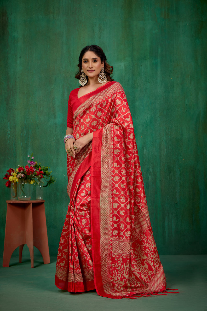 Shop Elegant Red Mysore Art Silk Printed Ready to Wear Saree Online - Best Prices