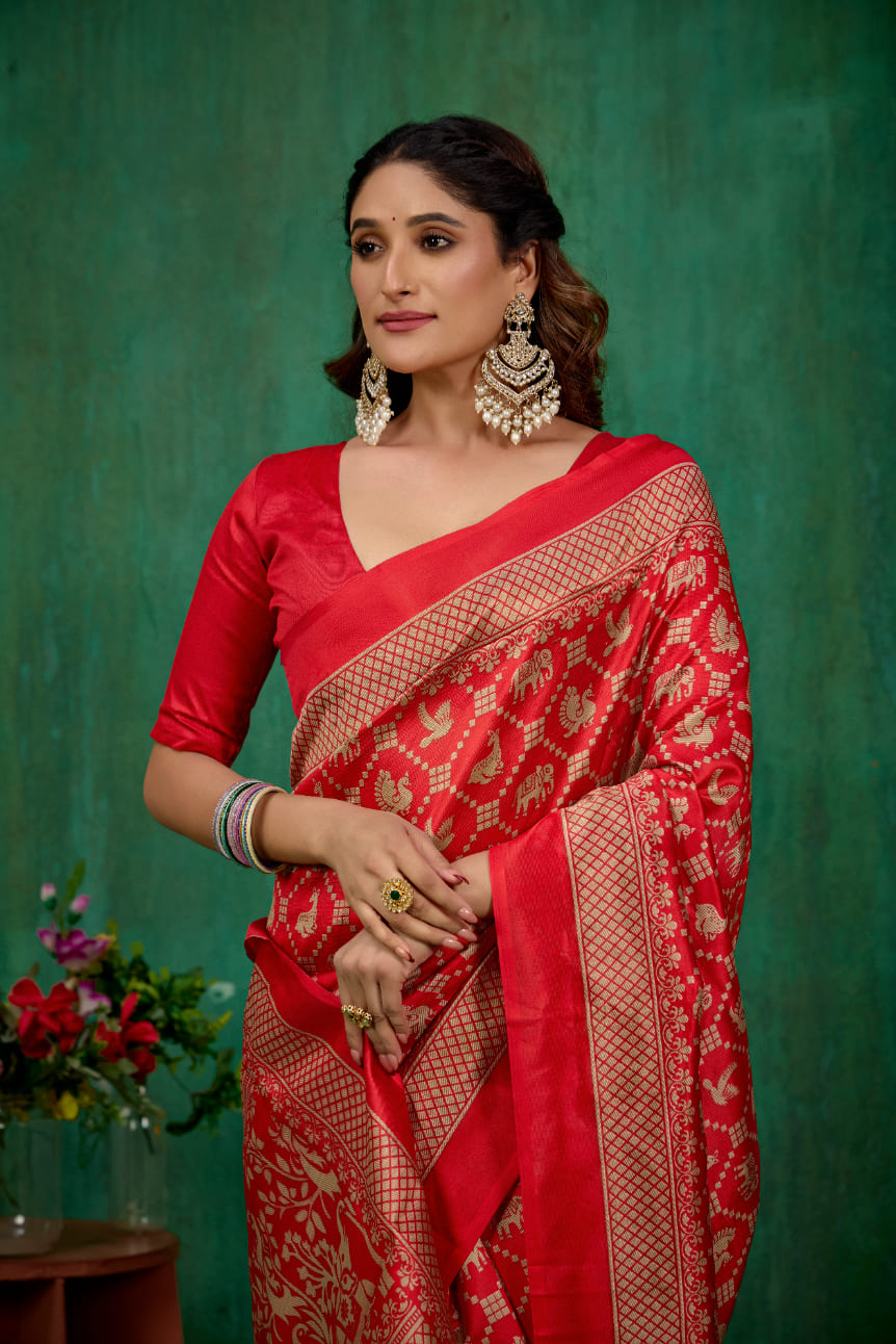 Shop Elegant Red Mysore Art Silk Printed Ready to Wear Saree Online - Best Prices