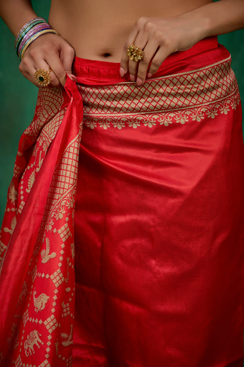 Shop Elegant Red Mysore Art Silk Printed Ready to Wear Saree Online - Best Prices