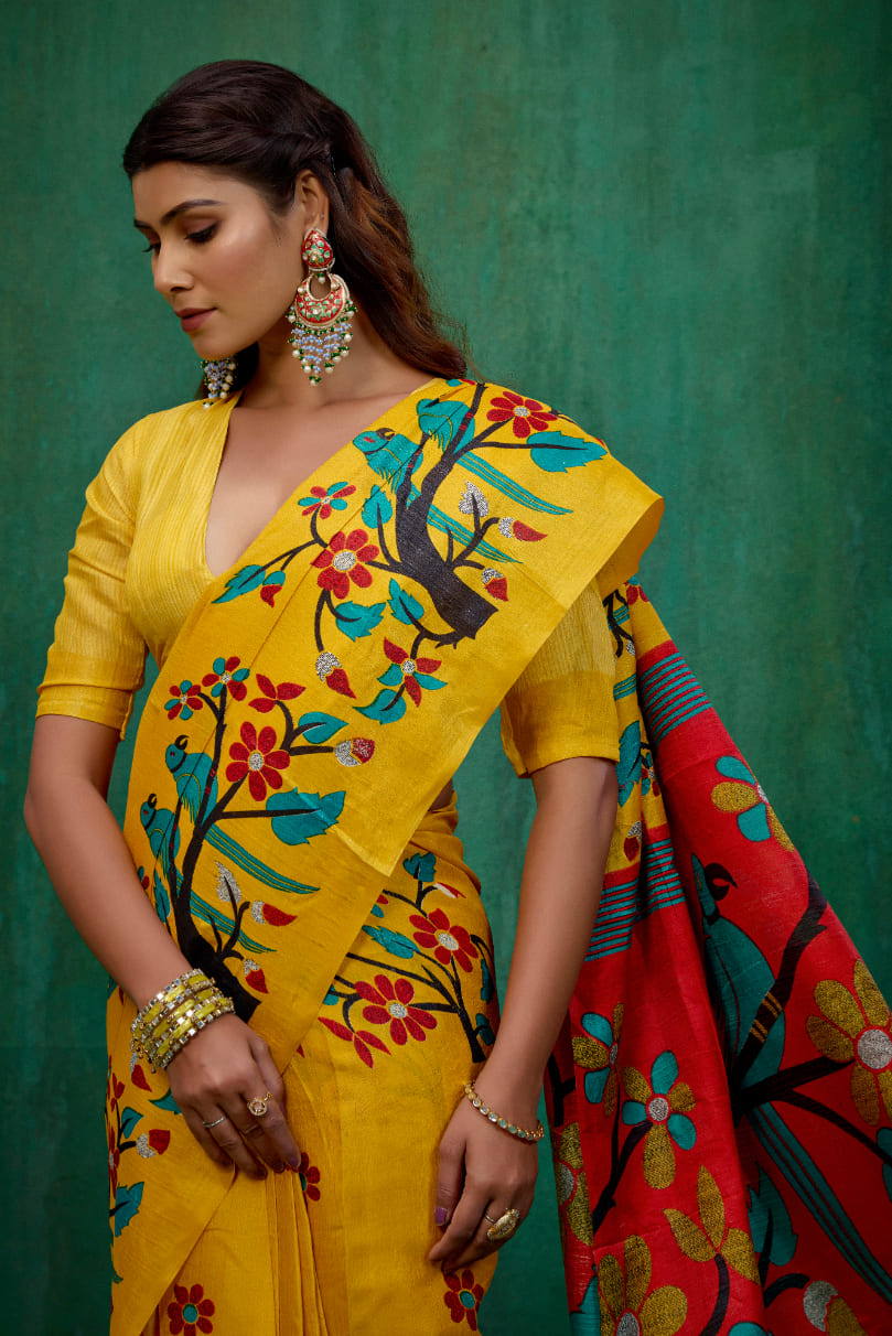 Shop Elegant Mustard Mysore Art Silk Printed Ready to Wear Saree Online - Best Prices