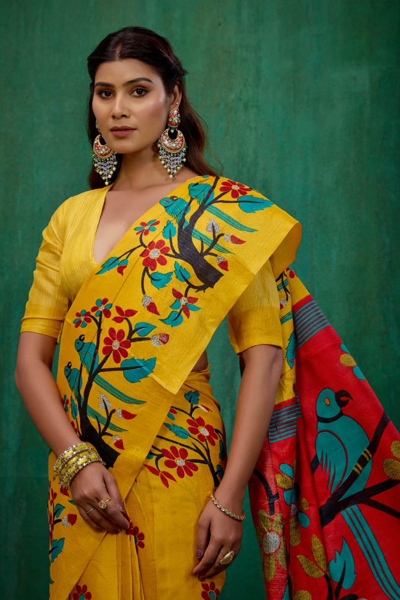 Shop Elegant Mustard Mysore Art Silk Printed Ready to Wear Saree Online - Best Prices