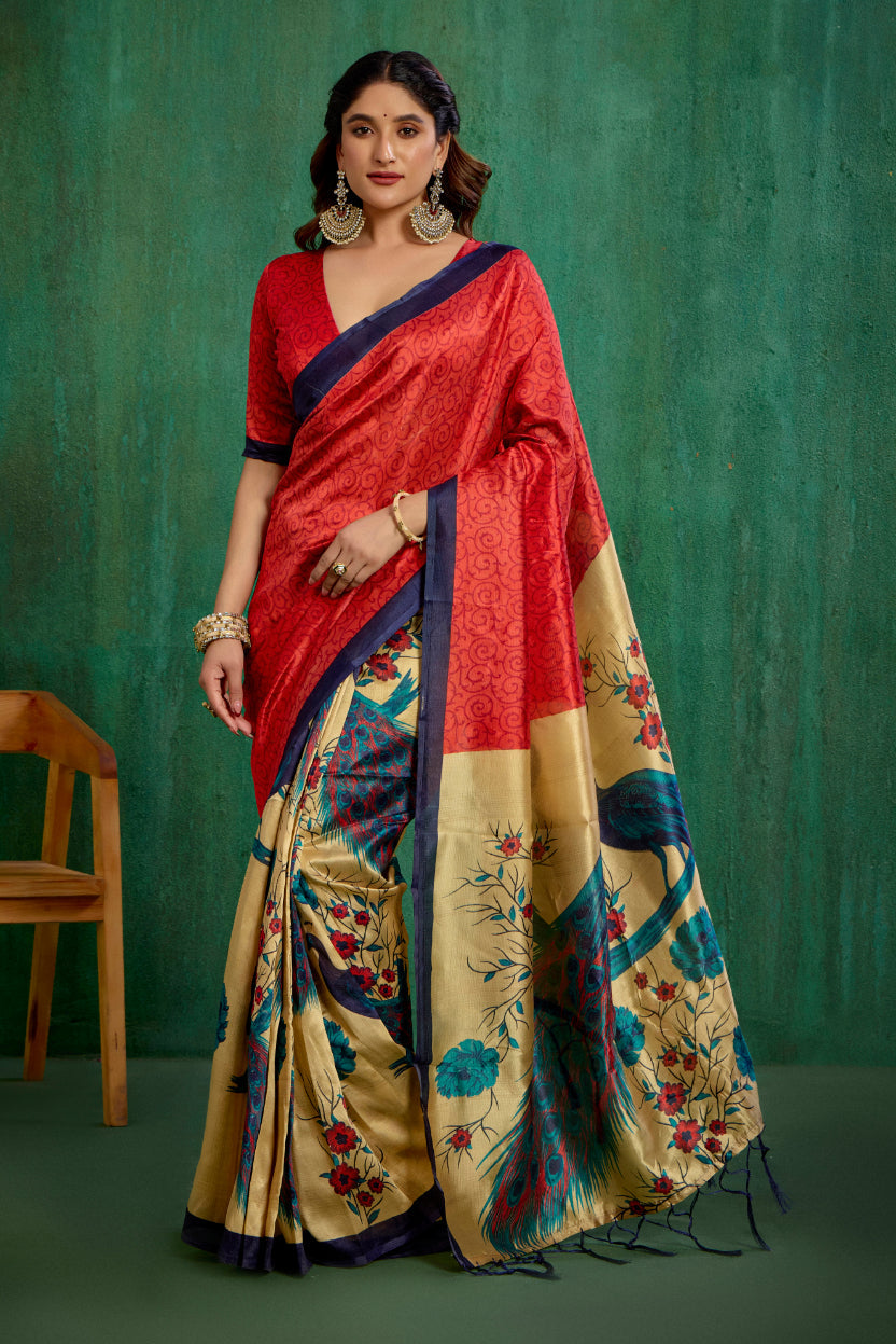 Shop Elegant Red Mysore Art Silk Printed Ready to Wear Saree Online - Best Prices